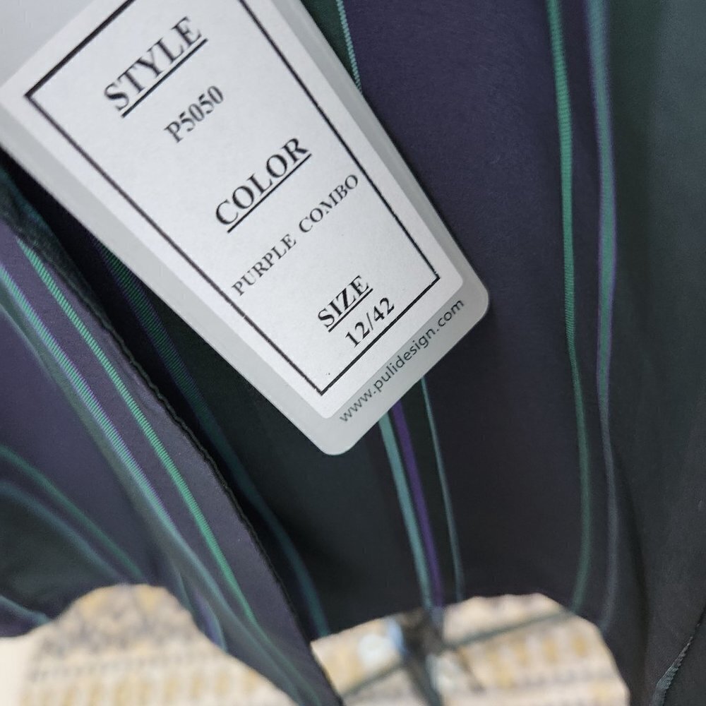 P070. PULI Festive Purple and Green Satin Striped Blouse |12 NWT - Picture 5 of 6